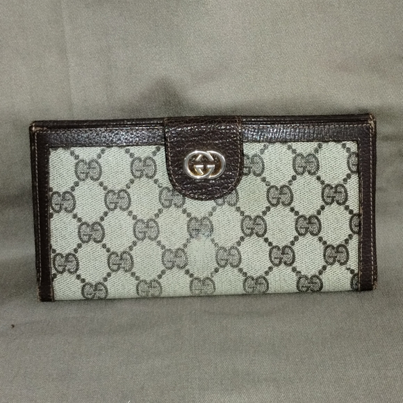 VINTAGE GUCCI MONOGRAM LONG WALLET BILLFOLD 7" POCKETBOOK AUTHENTIC GREEN INSIDE - Picture 2 of 16